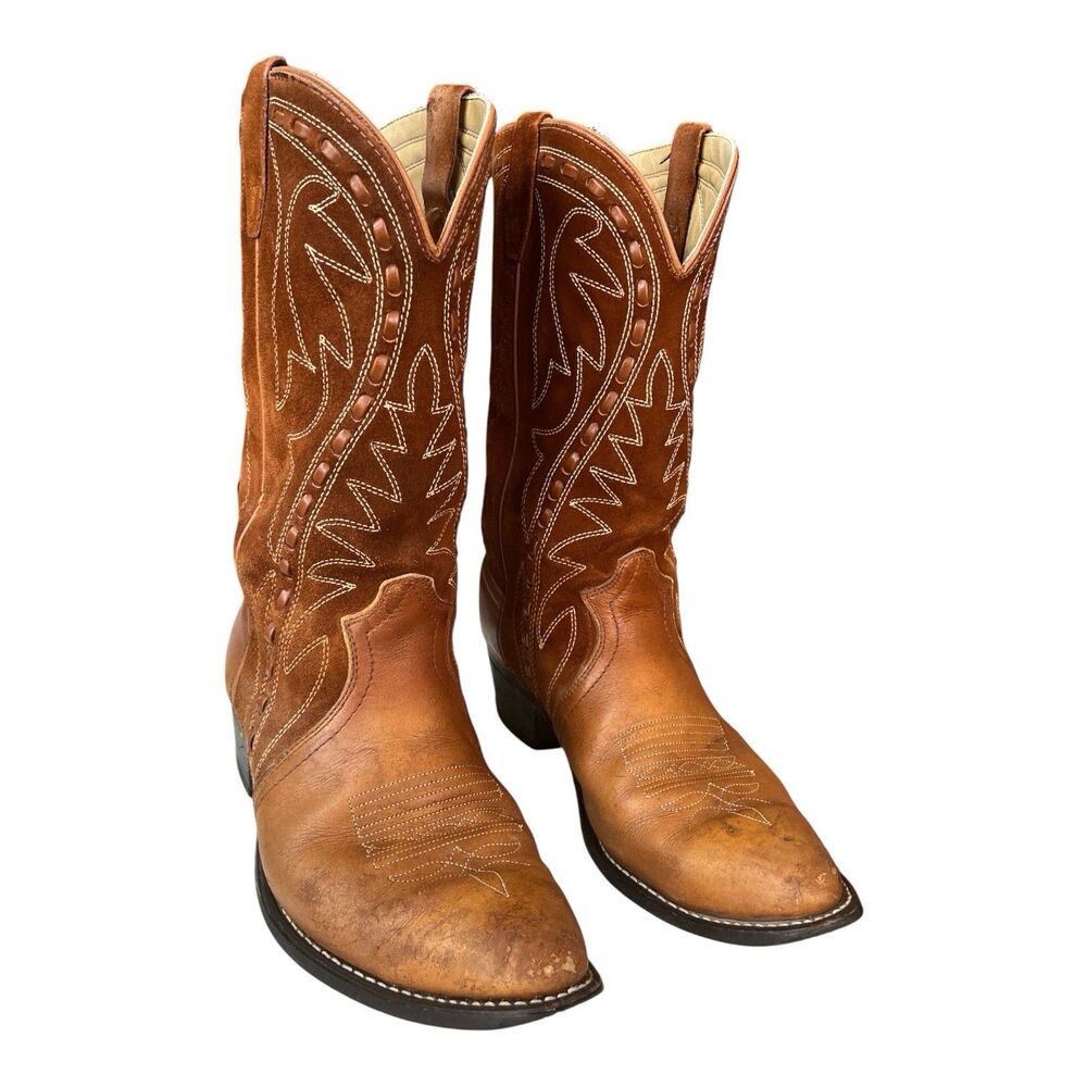 Vintage Sears Leather Suede Cowboy Boots Rough Out Buck Stitch USA Size 10.5
